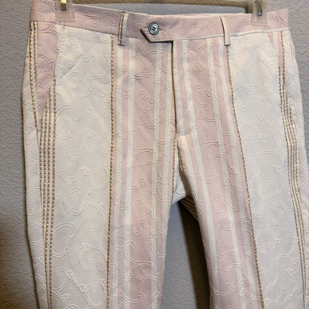 Barabas Suit Set Floral Jacquard Pink White Gold Mens 38R 32 Slim Fit BL3006-1#